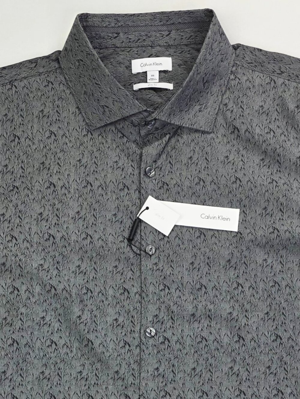 Calvin Klein Charcoal Gray Black Pattern Slim Fit Mens Size 2XL Long Sleeve NWT